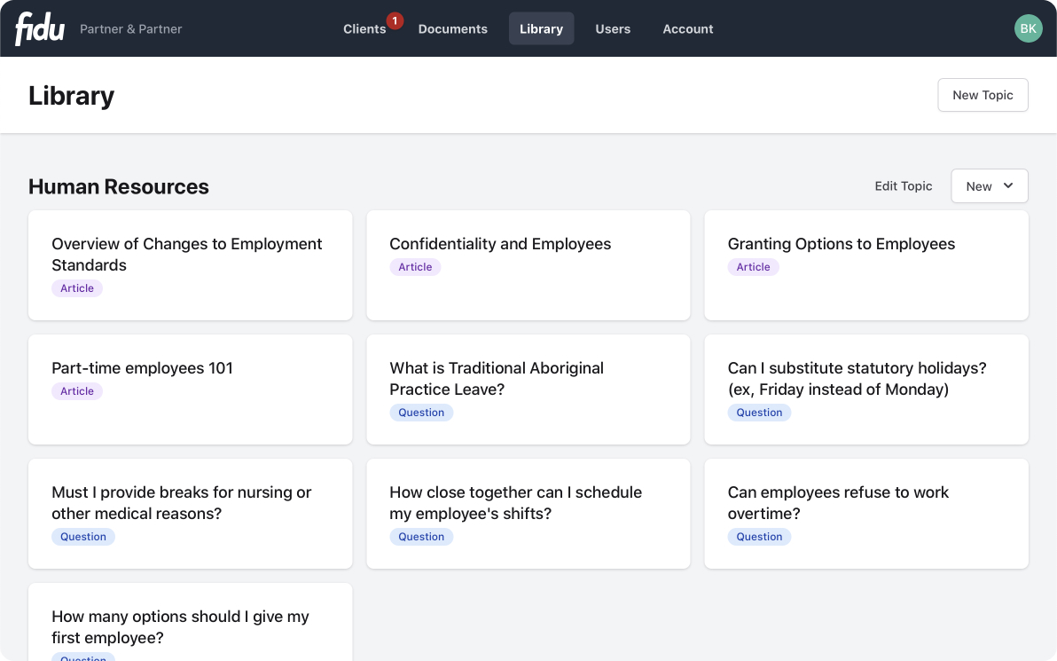 Lawyer view of Fidu Knowledge Base